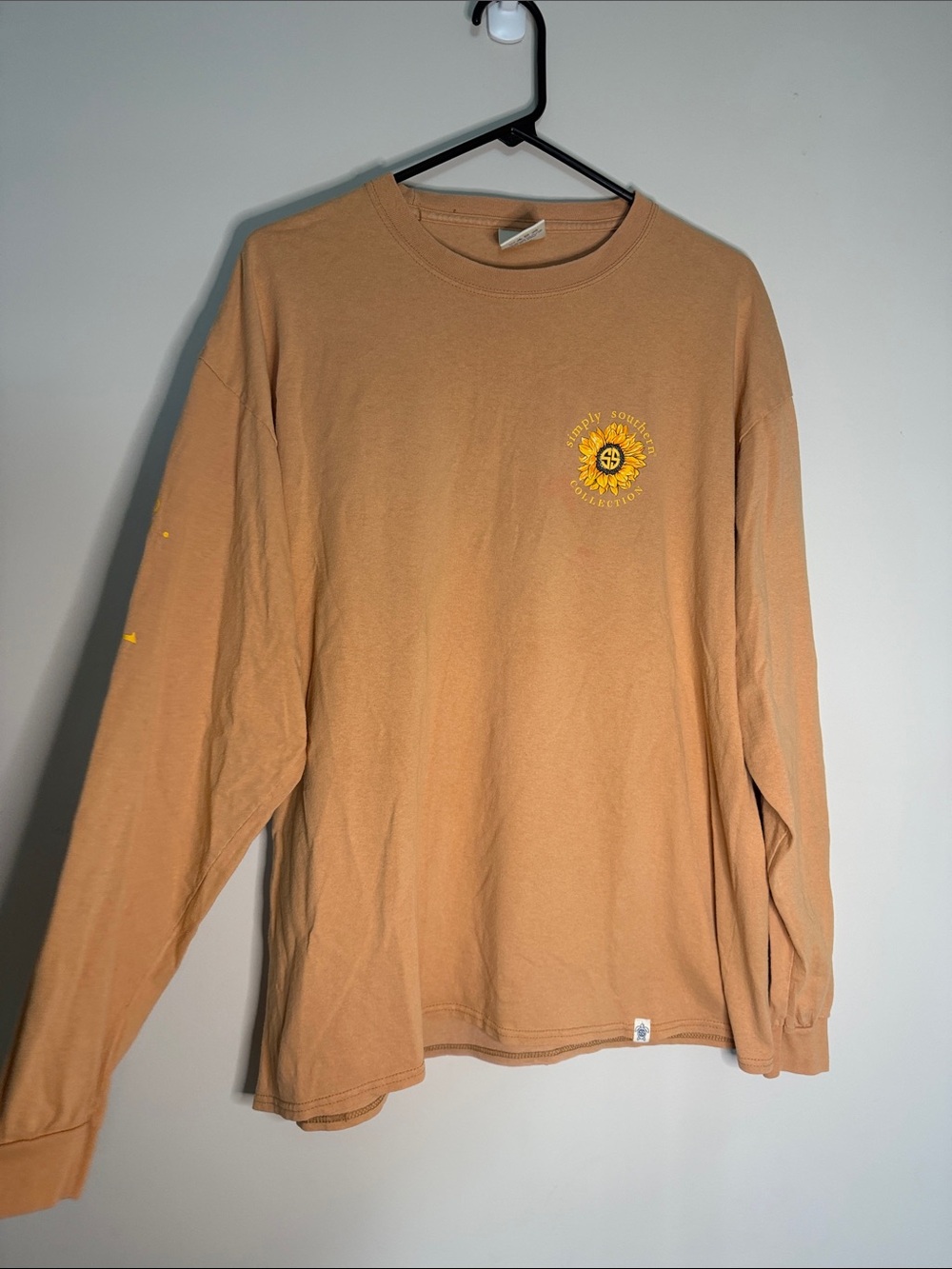 Simply Southern Peach Crewneck Tee with Blue Logo Tag